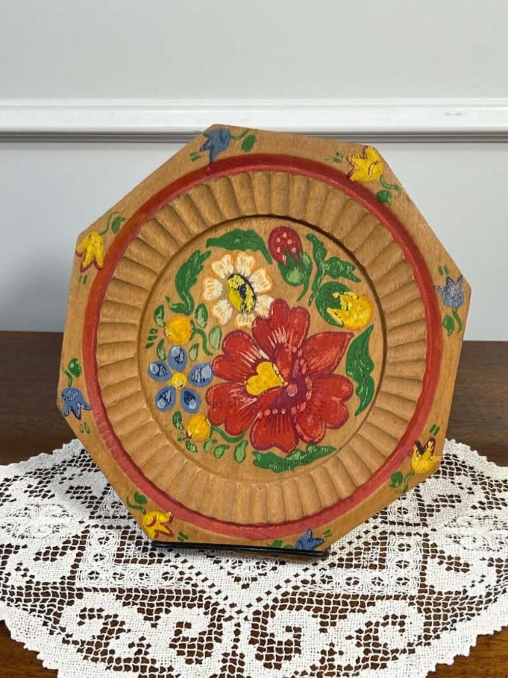 Vintage 1945 Bad Kissingen Folk Art Wood Octagon Plate